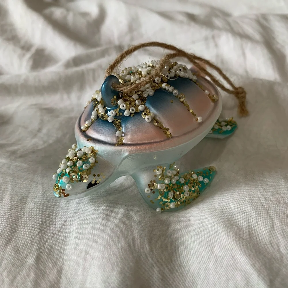 West Elm Set of 2 Glass Bedazzled Ornaments - Fish and Turtle